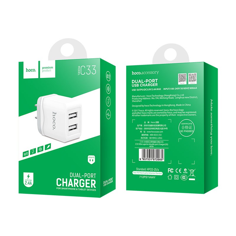 [ HCM ] Cốc Sạc Nhanh 2.4 Hoco C33 2 Cổng USB