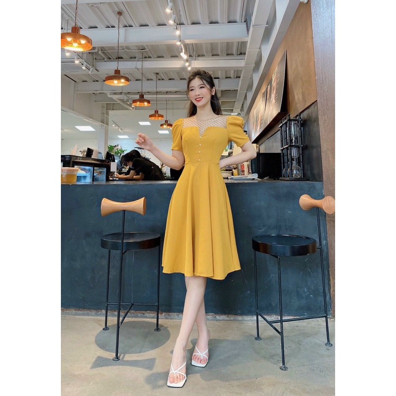 VÁY PHỐI LƯỚI CÚC NGỌC TAY BỒNG | BigBuy360 - bigbuy360.vn