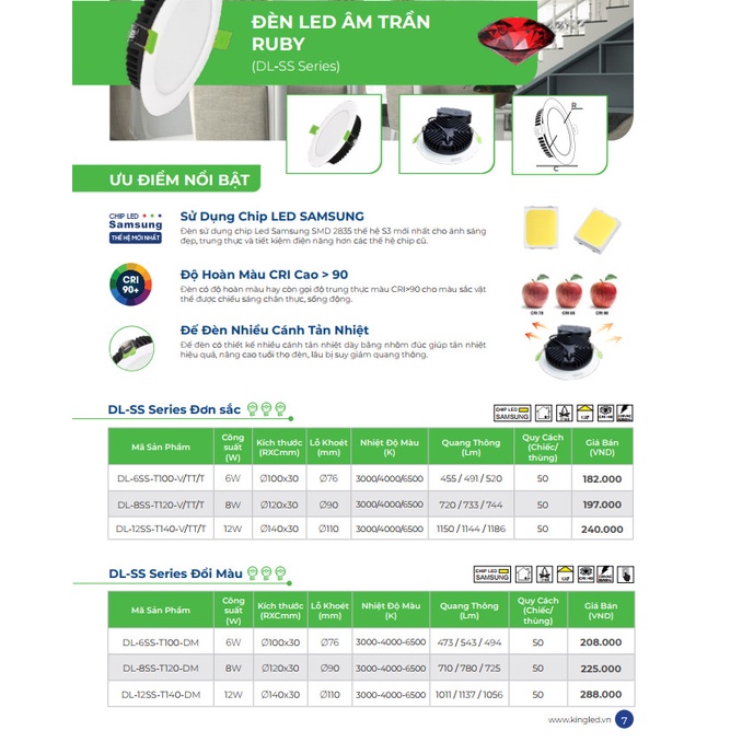 Đèn Led âm trần Cao Cấp KINGLED RUBY 6W, 8W, 12W, CAO CẤP, nhôm đúc nguyên khối, độ hoàn màu cao CRI 90.