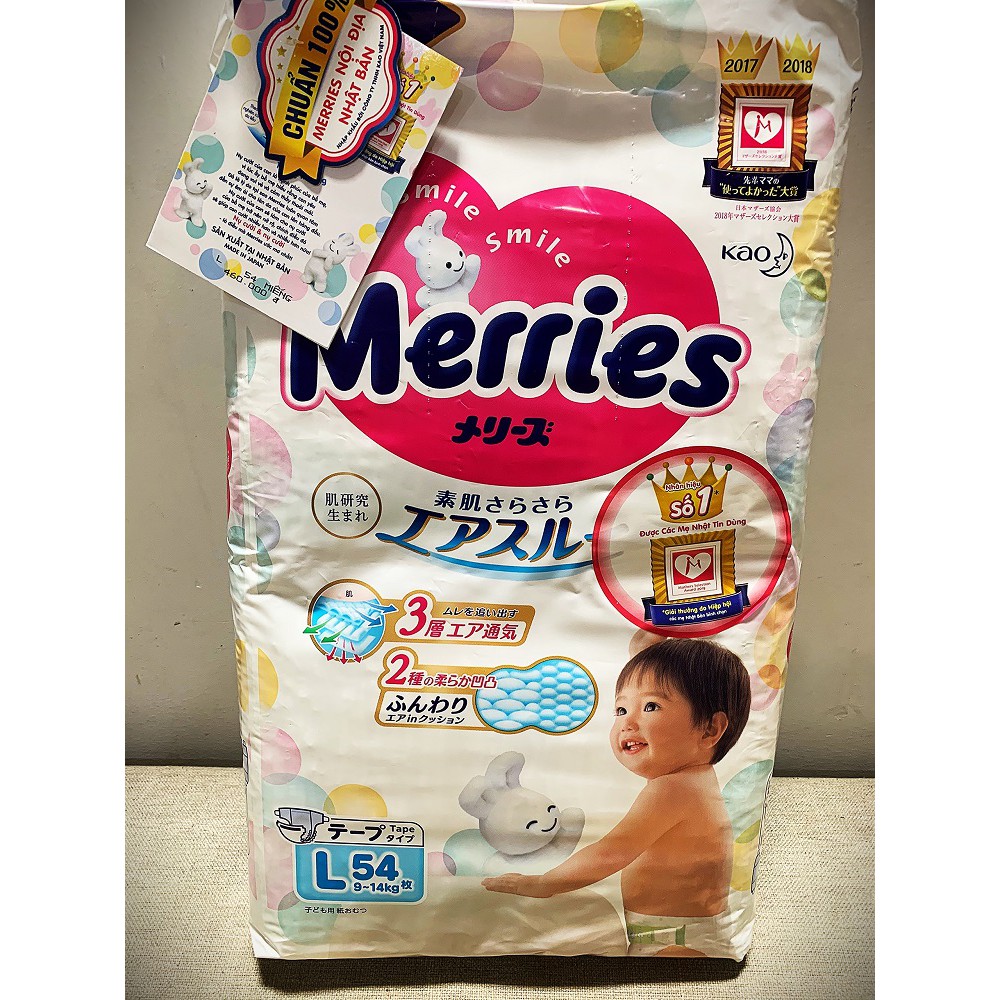 Bỉm / Tã dán Merries size L 54 miếng (cho bé 9-14kg)