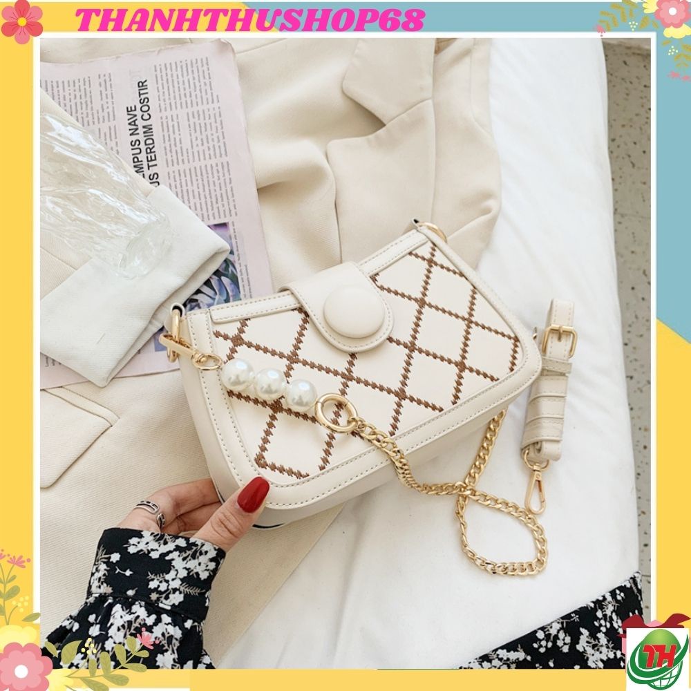 Túi đeo chéo nữ đẹp giá rẻ đi chơi 2 dây da thêu trần chéo phối khuy Thanhthushop68 549