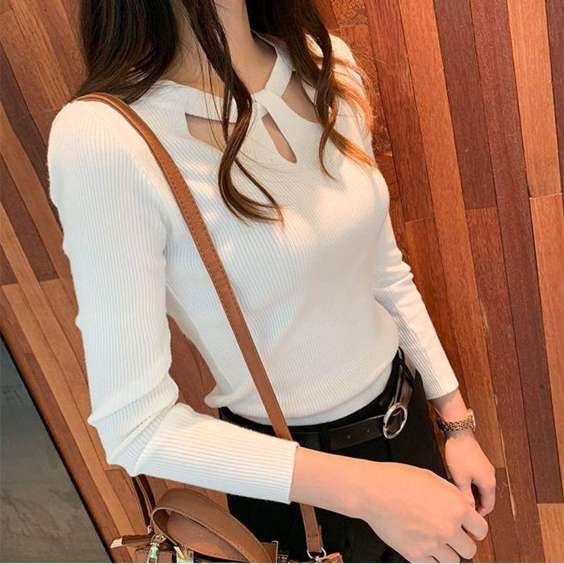 Áo Sweater Dệt Kim Tay Dài Thiết Kế Dây Đan Chéo Quyến Rũ