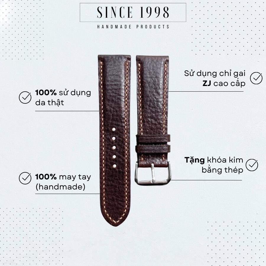 Dây Đồng Hồ Da Bò Nam 20mm 22mm, Da Thật, Handmade, Chống Nước, Chính Hãng, Màu Nâu Phong Cách Retro, Bảo Hành 1 Năm