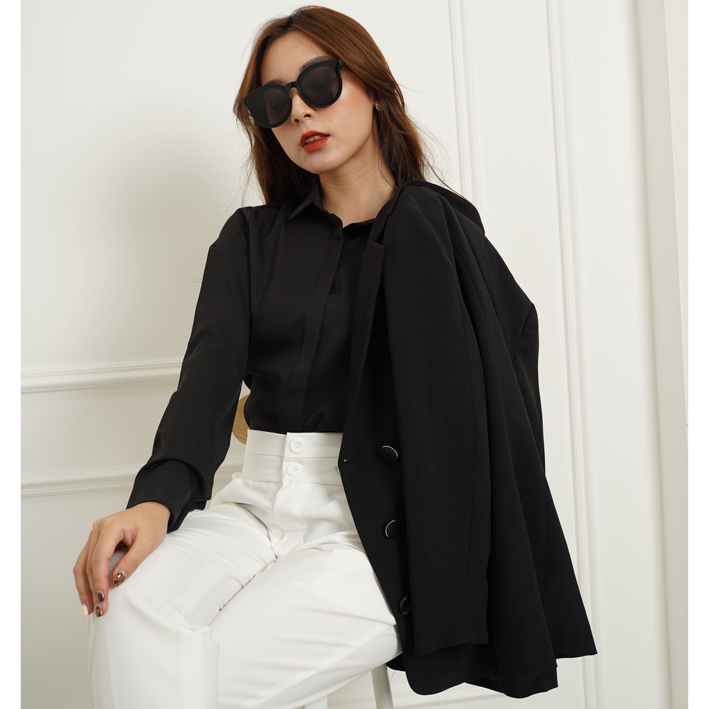 Áo sơ mi nữ lụa dài tay, áo công sở form rộng kiểu Hàn Quốc cao cấp màu Trắng Đen Xanh Be MISS CLOTHINGS SM-01 | BigBuy360 - bigbuy360.vn