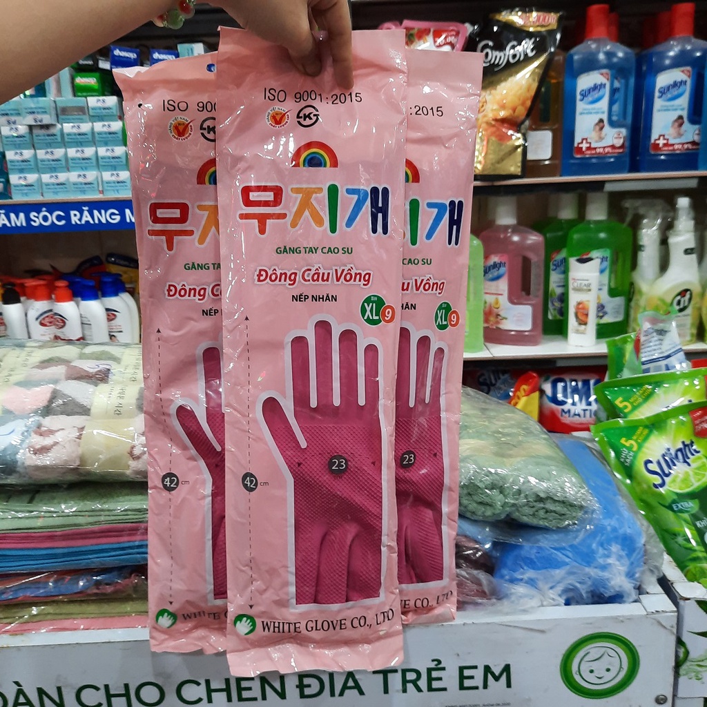 Đôi găng tay cao su nếp nhăn, Đông Cầu Vồng combi size XL9 42cm