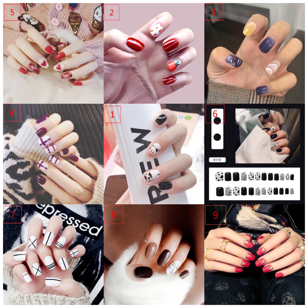 Set 24 Móng Tay Giả Họa Tiết Bò Sữa Đen Trắng Đáng Yêu Dùng Trang Trí Móng Nghệ Thuật