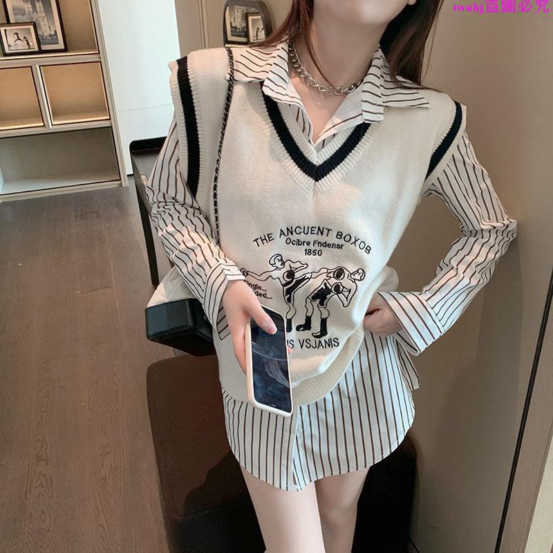 Set Áo Sơ Mi Tay Dài Kẻ Sọc Và Áo Khoác Ghi Lê Cổ Chữ V Thời Trang Trẻ Trung | BigBuy360 - bigbuy360.vn