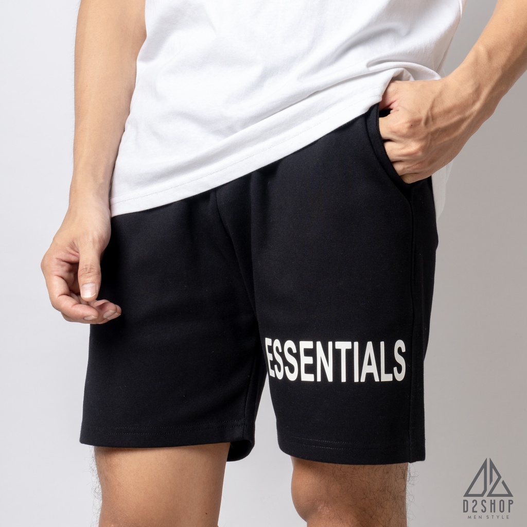 Quần short nam D2shop vải thun nỉ co giãn, màu đen ESSENTIALS [L200]