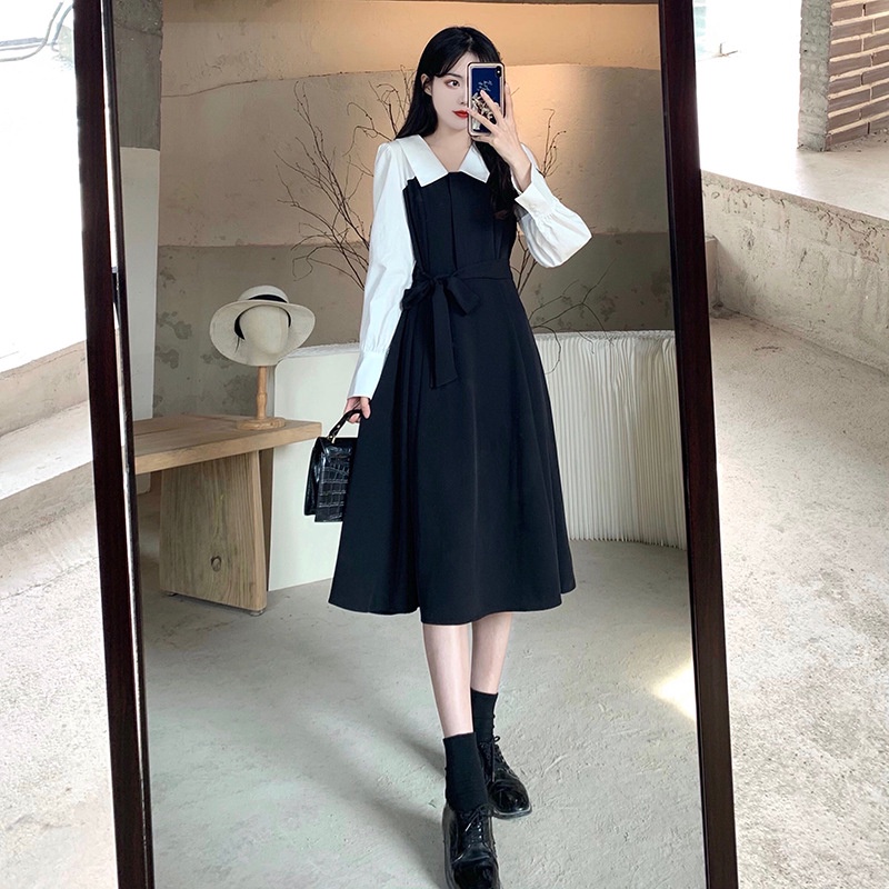 Váy Cổ Sơ Mi Hai Màu Đen Be ⚡️ẢNH THẬT⚡️Đầm Chất Voan, Dáng Dài Cực Xinh Cho Nữ | BigBuy360 - bigbuy360.vn