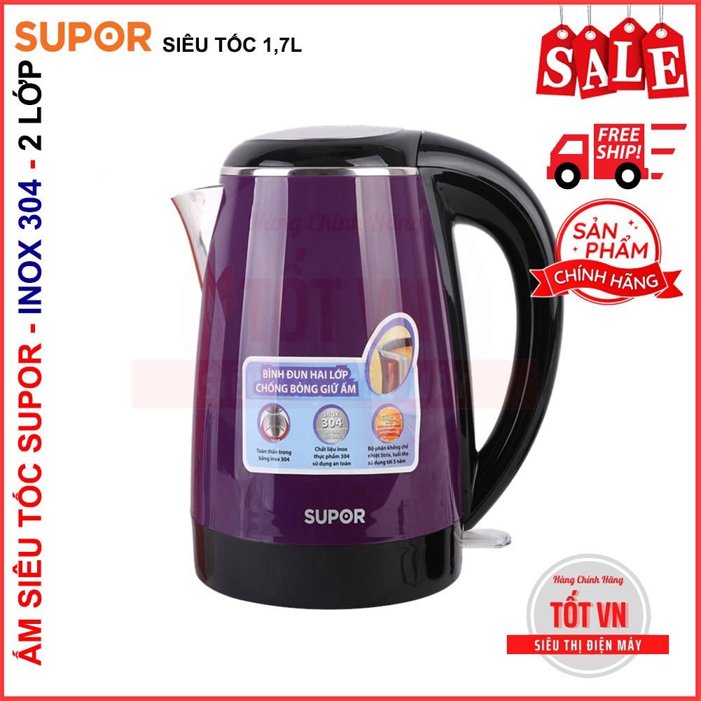 Ấm Siêu Tốc Bình Đun Nước Siêu Tốc Supor 1 Lít 7 1800W Pha Trà Pha Sữa Nhanh Chóng An Toàn Với Inox 304, Điện Máy Tốt VN