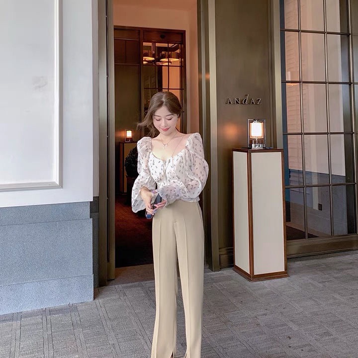 Áo voan hoa trễ vai cổ vuông tay phồng thời trang cho nữ 2021