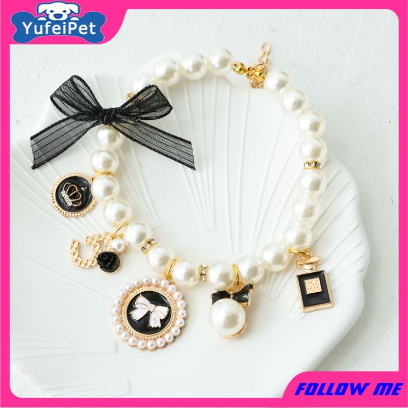 Vòng tay chuỗi hạt ngọc trai giả đính chuông dễ thương cho thú cưng