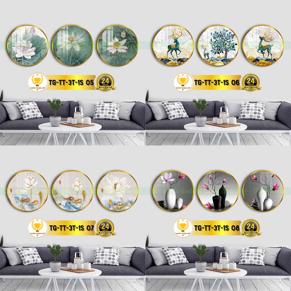Bộ 3 tranh tròn treo tường tráng gương trang trí phòng khách, phòng ngủ đa dạng, hiện đại
