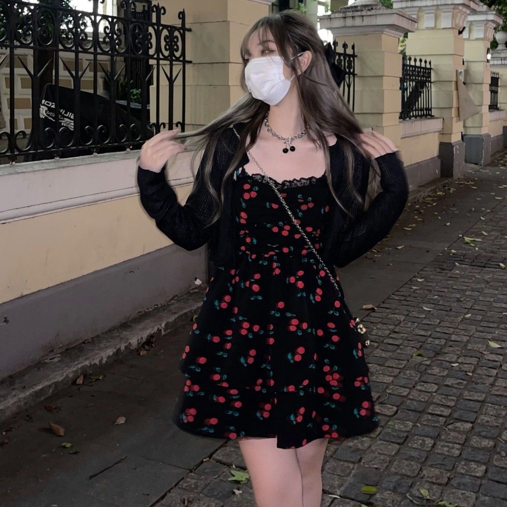 Set Đầm Hai Dây Họa Tiết Trái Cherry + Áo Khoác Cardigan Mỏng Chống Nắng Dành Cho Nữ