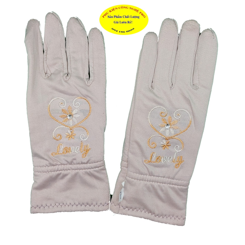 GĂNG TAY BAO TAY NỮ CHỐNG NẮNG 2 LỚP Loại 3 tấc Bít ngón Thêu chữ Lovely Đính hạt Chất liệu thun cotton co giãn NGÂN HÀ