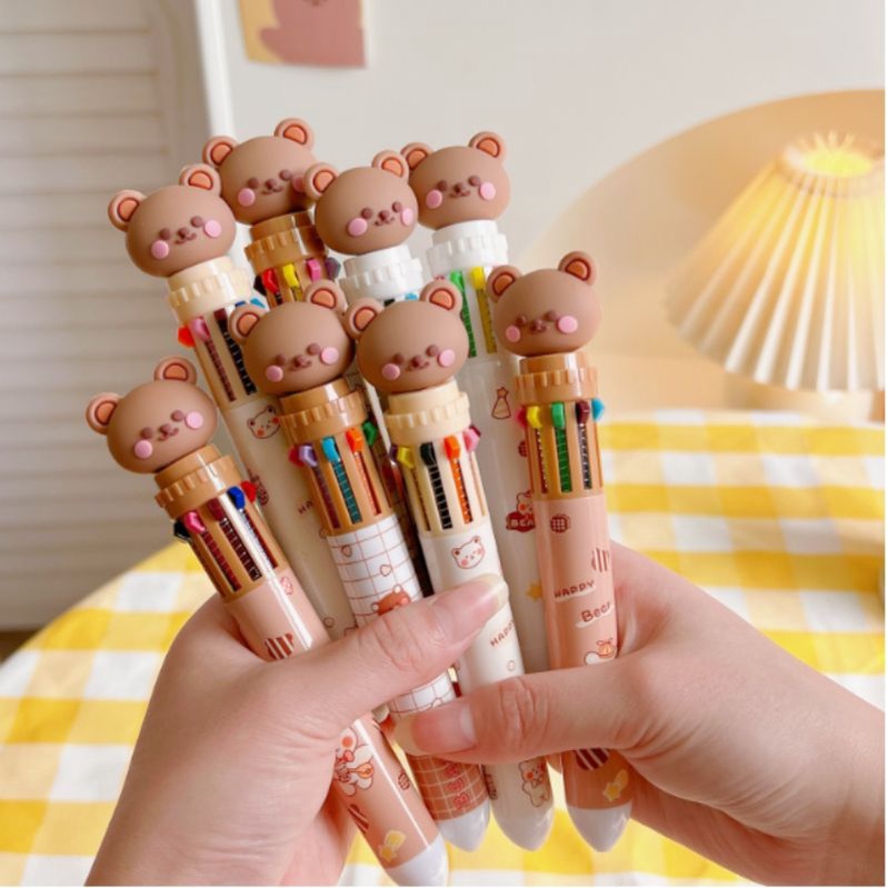 Bút bi bấm 10 màu mực Gấu béo hoạt hình siêu dễ thương - Cây viết học sinh cute - Bút bi ghi chép bài tập tiện lợi