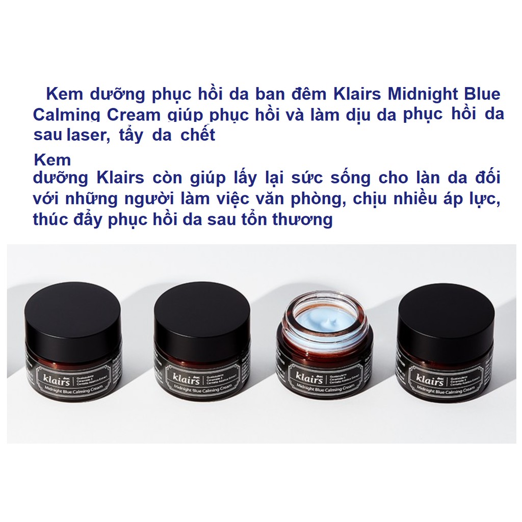 Kem Dưỡng Klairs Midnight, Kem Dưỡng Ẩm Klairs Blue Calming Cream 30g MOON21 phục hồi tổn thương, kem dưỡng ẩm, dưỡng da