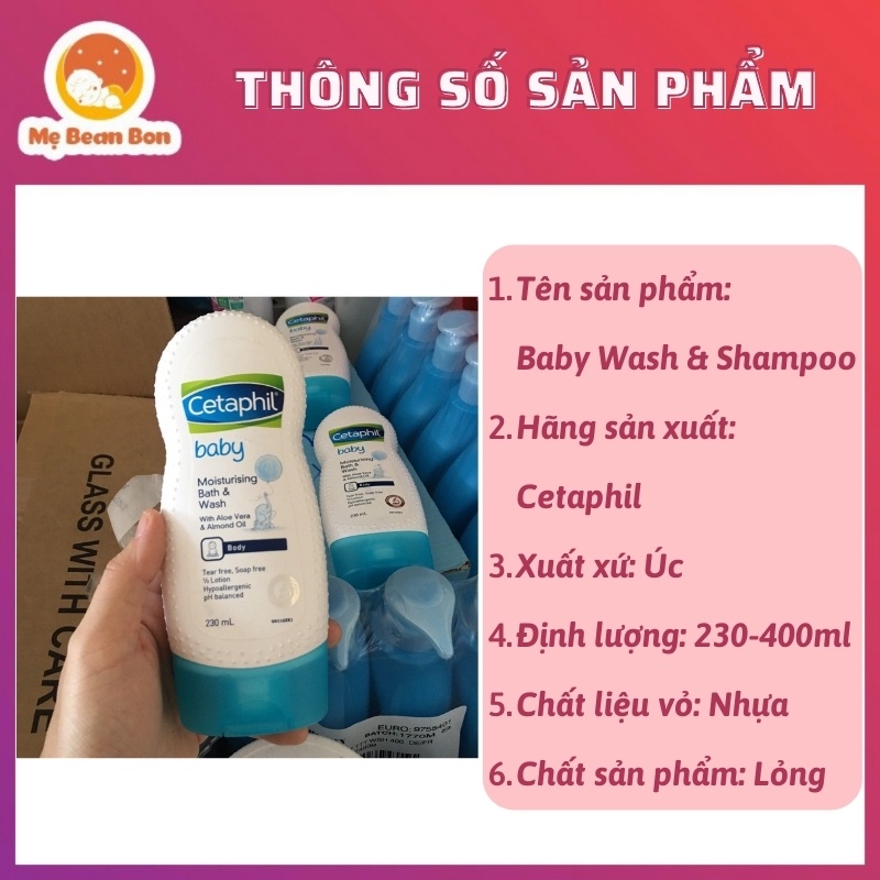 Sữa tắm gội toàn thân 2in1 Cetaphil Baby Wash &amp; Shampoo (230ml/400ml), Úc