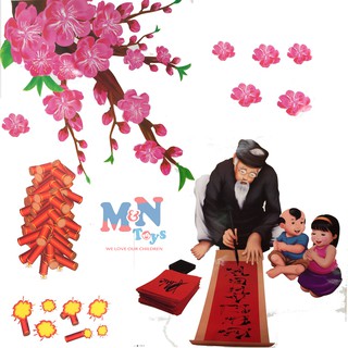 Decal (Sticker) Ông Đồ hoa đào dán trang trí Tết