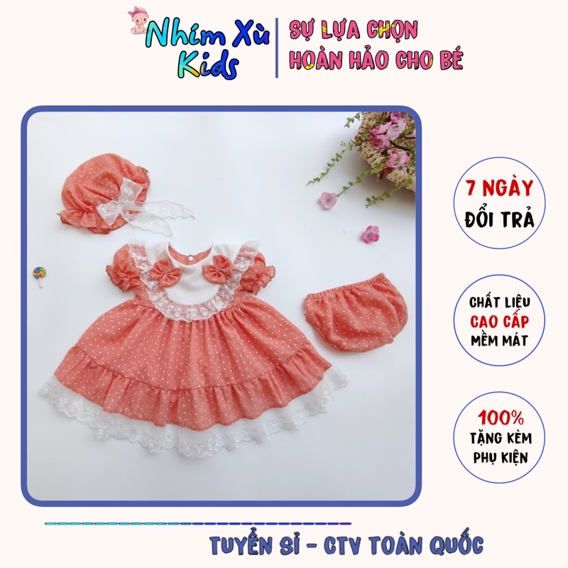 Váy Lolita Chấm Bi Cam Bé Gái Sơ Sinh Đến 12kg, Đầm Bé Gái Chất Đũi Thông Hơi Mềm Mát [A292]