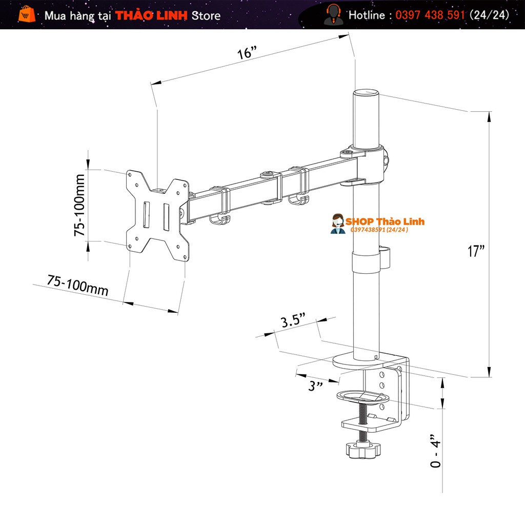 Giá Treo Màn Hình Tay 38 Cm Cao Cấp - Model : M051 17-32 inch - Xoay 360 Độ
