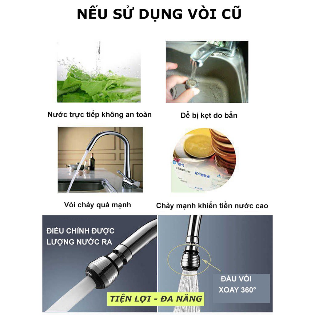 Đầu chia nước vòi rửa chén xoay đa chiều 2 chế độ phun tiết kiệm nước