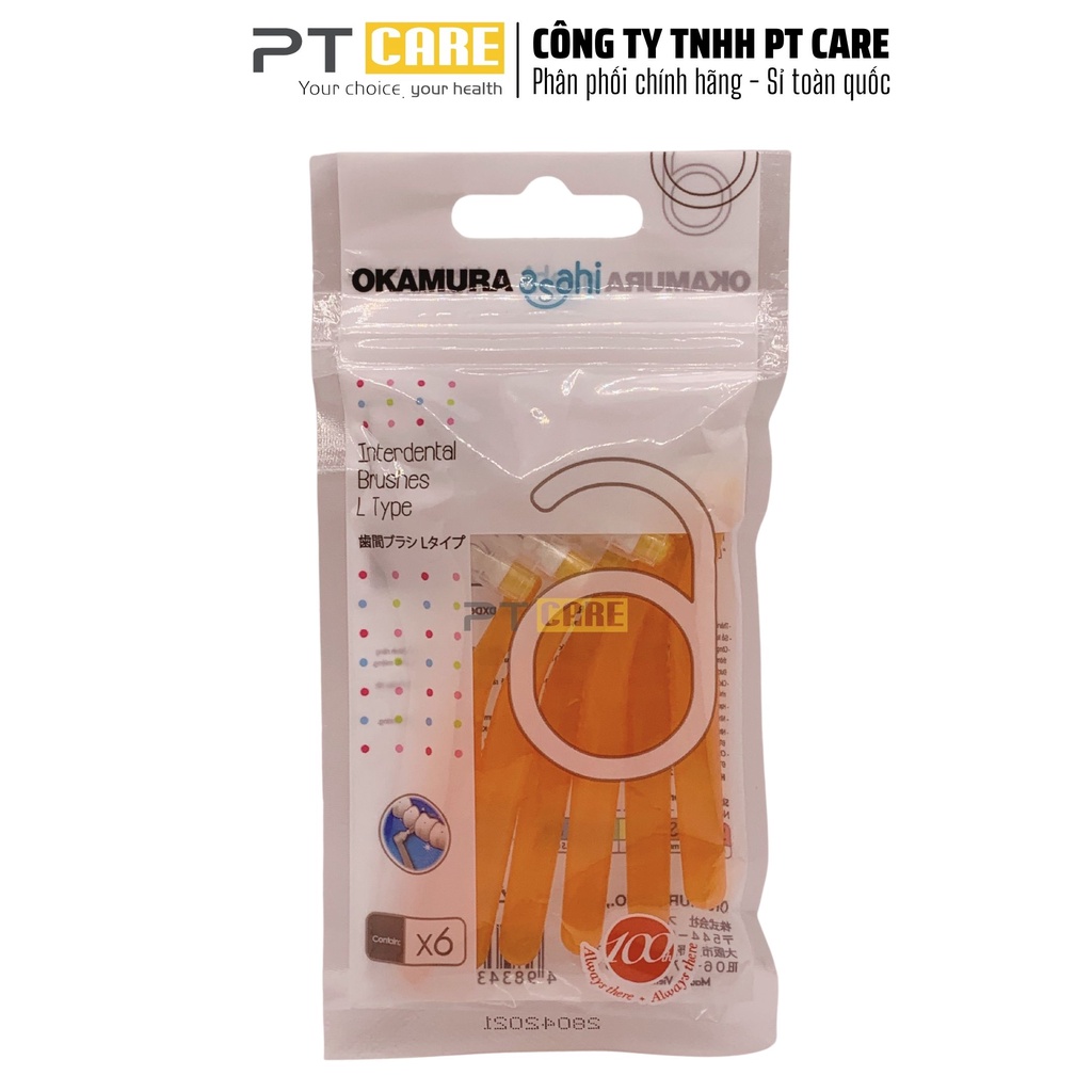 PT CARE | 1 Gói Bàn Chải Kẽ Răng Dạng L Nhiều Size Okamura Asahi Cho Người Niềng Răng Chỉnh Nha 6 Cây