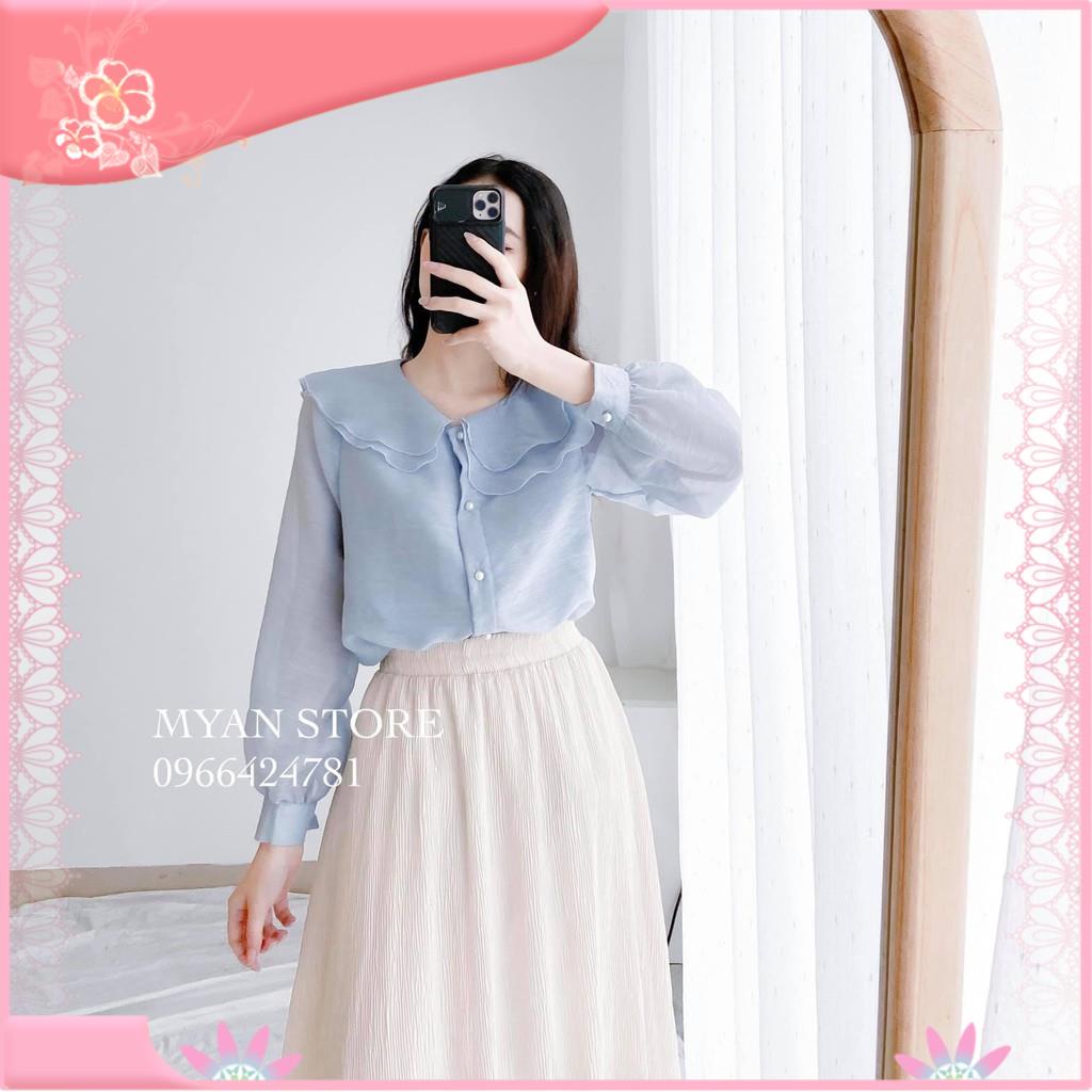 Áo sơ mi dài tay cúc ngọc tơ xước cổ sen nằm 2 lá hàng 2 lớp - áo sơ mi c