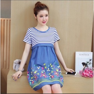 Đầm bầu jean thêu hoa xinh xắn