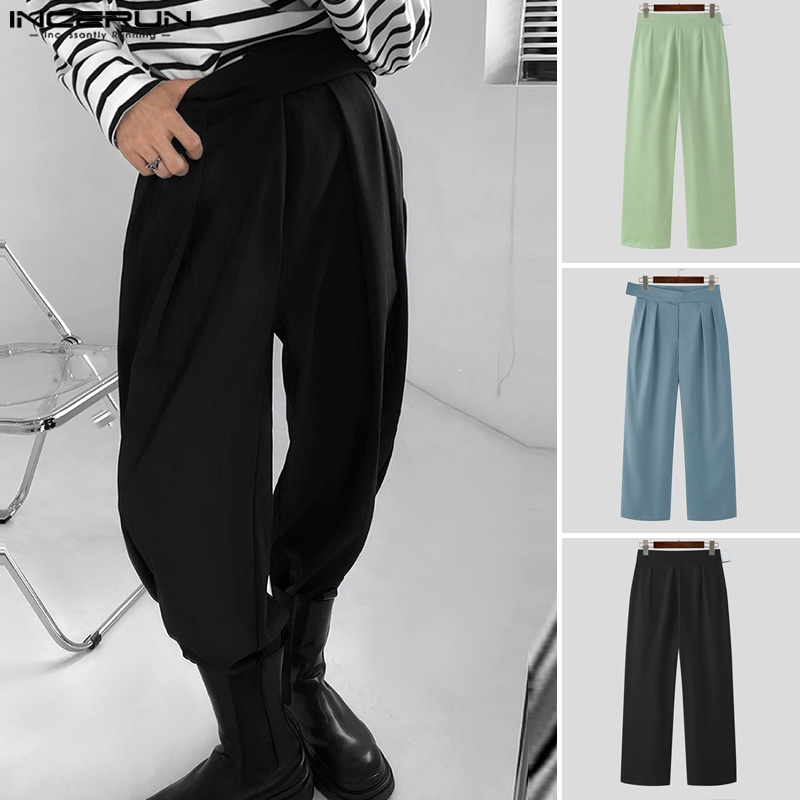 Quần baggy dài ống rộng INCERUN màu trơn lưng cao thời trang cho nam