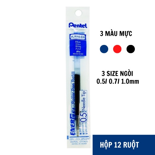 Hộp 12 chiếc ruột bút Pentel energel, ngòi bút gel mực xanh/ đỏ/ đen nét 0.5/ 0.7/ 1.0mm