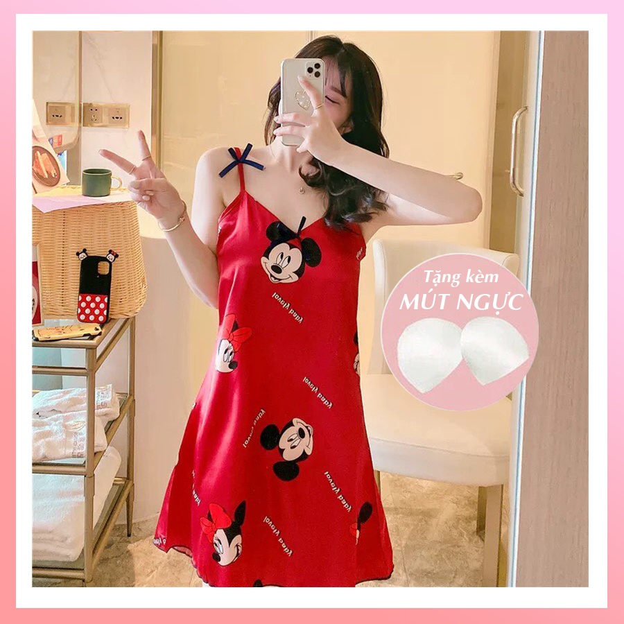 Váy ngủ hai dây đầm ngủ nữ sexy dễ thương bigsize chất lụa mềm mịn có đệm ngực đuôi xếp li kèm bịt mắt VN06