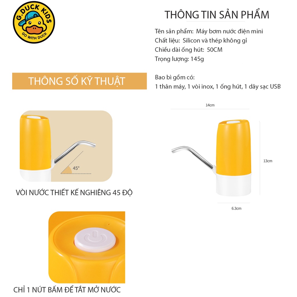 Máy Vòi Bơm Nước Tự Động Bình Đóng Chai Mini Sạc Điện USB Tiện Lợi Cầm Tay Thương Hiệu G.Duck Kids