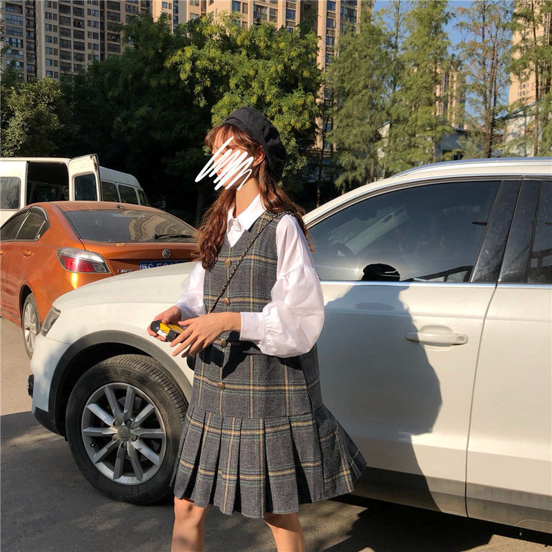 Set Đầm ôm Ca Rô Dài Tay Cổ Bẻ + Áo Khoác Cộc Tay Cổ Bẻ Thời Trang Cho Nữ