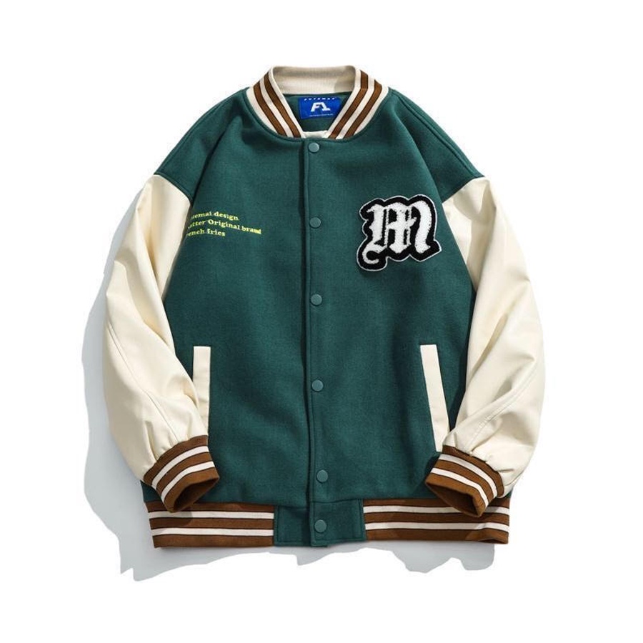 Áo varsity jacket Unisex Form rộng nỉ 2 lớp Hình thêu, in chữ M. Áo khoác bomber nam nữ Bóng chày