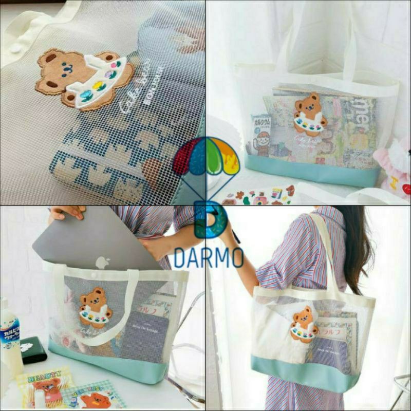 Túi xách lưới đi chợ / đựng laptop mùa hè dung tích lớn gấu tulip bear xanh pastel Bentoy Milkjoy