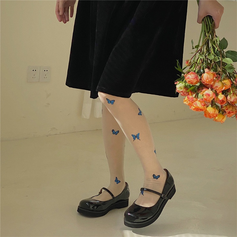 Xiangbao Quần Tất Lụa Mỏng In Hình Bướm Màu Xanh Dương Phong Cách Lolita Cho Nữ