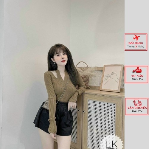 Áo len thừng nữ hở vai dáng ôm body màu nâu be đen ulzzang Hàn Quốc thu đông