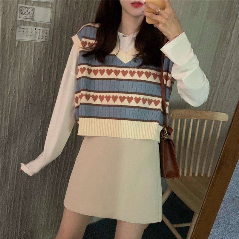Áo Gile New College Knitted Vest Women's Korean Versatile Loose V-neck Love Vest