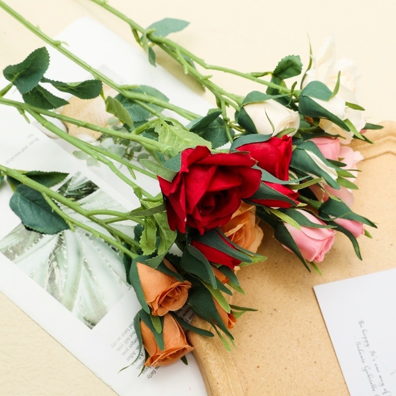 1 Nhánh 5 Bông Hoa Hồng Nhân Tạo Bằng Lụa Cho Trang Trí