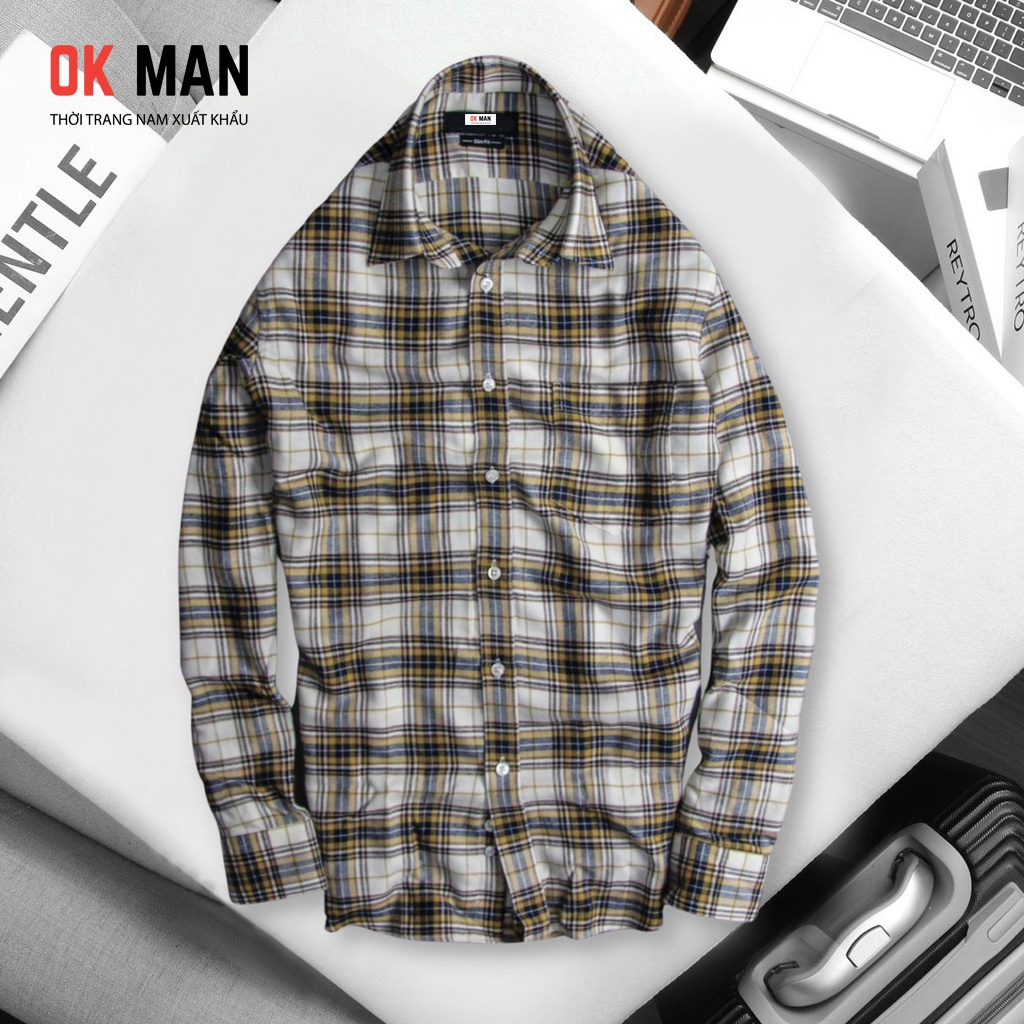 Áo sơ mi nam vải da kẻ caro, form slimfit, 3 màu, chất liệu cotton, OkMan - SMDT