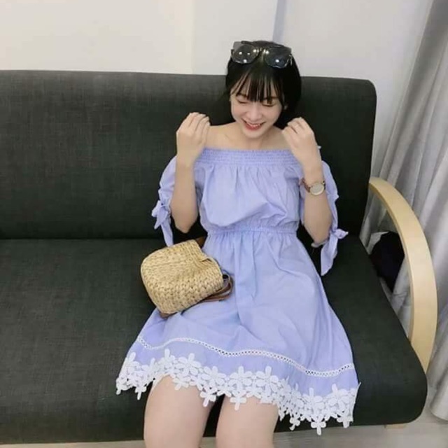 Váy sọc xanh pha ren tiểu thư( có ảnh thật)