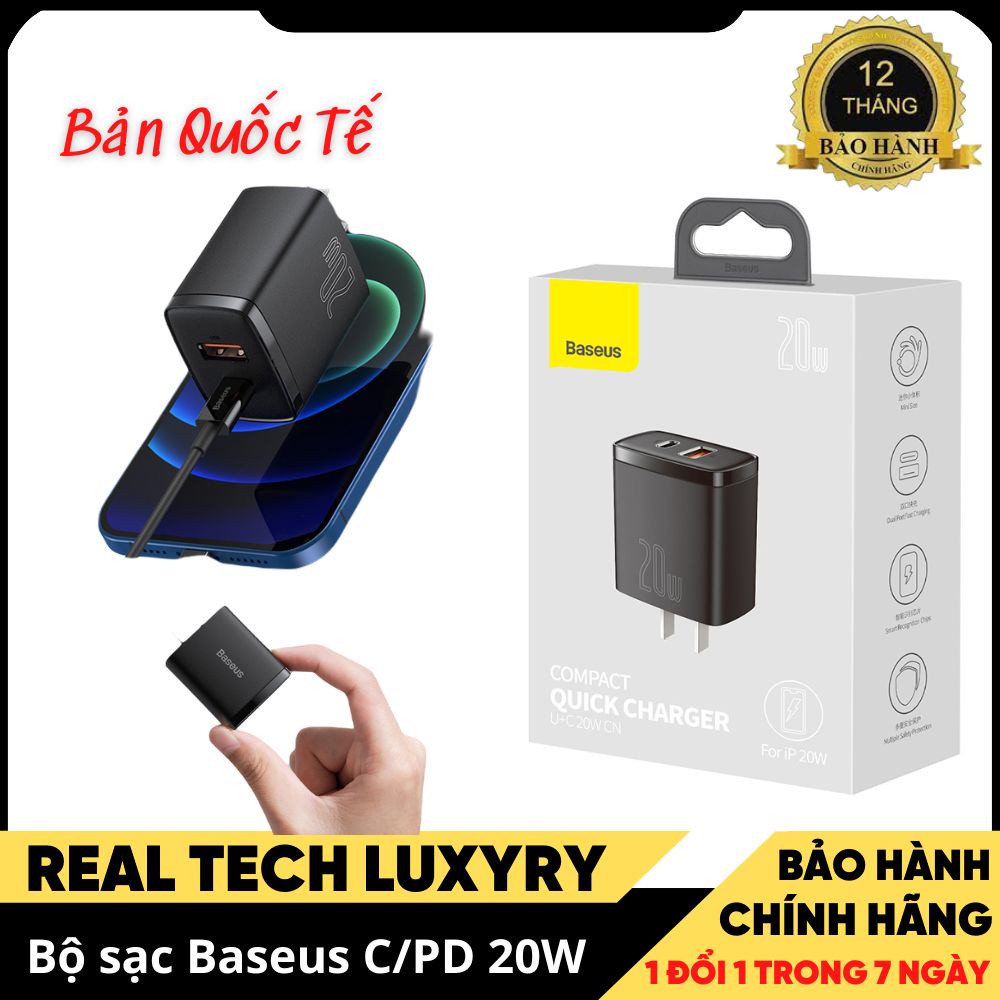 Củ Sạc Nhanh PD 18w 20w, Cổng sạc nhanh Chính Hãng Baseus Cổng USB+TypeC Tích Hợp PD/QC 3.0 - Real tech luxury