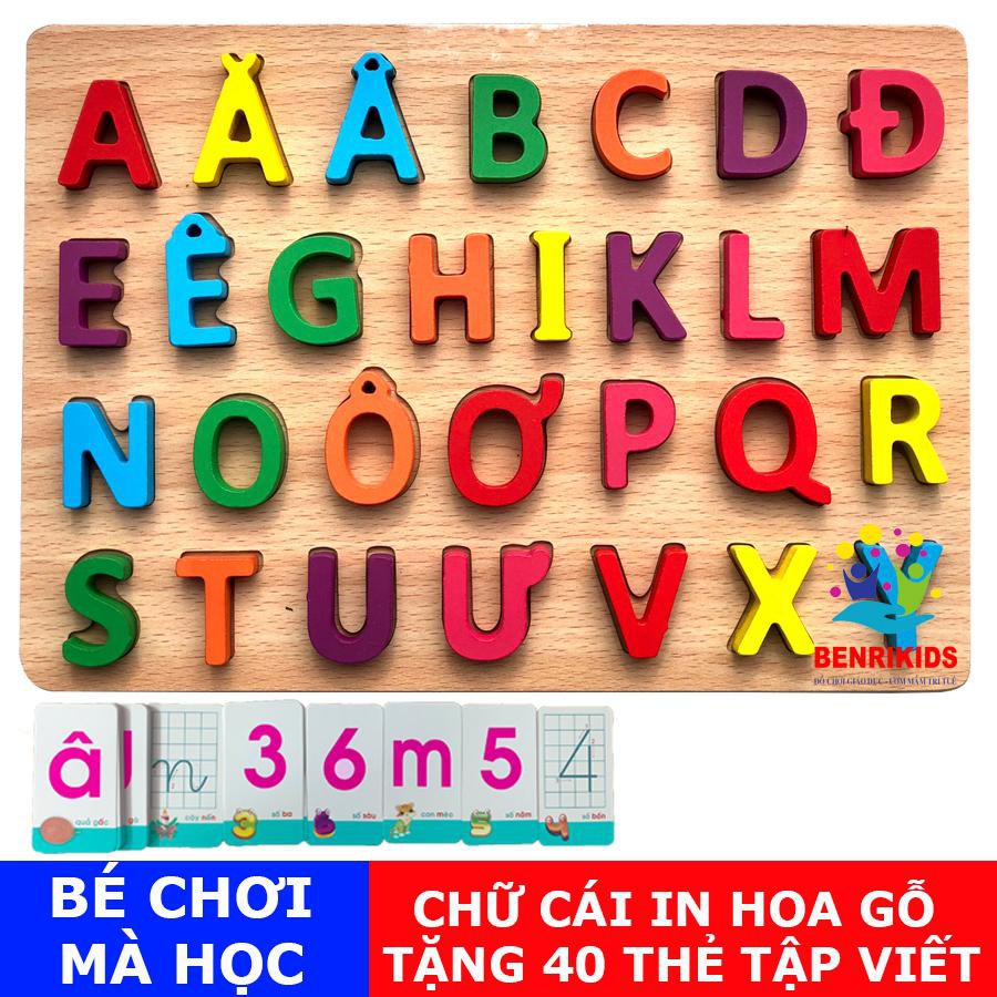 [ TẶNG KÈM 40 THẺ TẬP VIẾT ] Đồ Chơi Gỗ Bảng Chữ Cái Nổi Tiếng Việt In Hoa Cho Bé Hàng Việt Nam