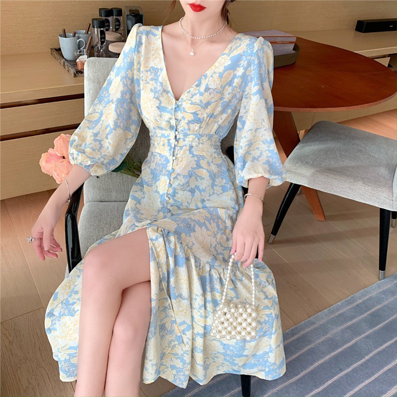 [HOT TREND] Đầm hoa tiểu thư mùa hè xẻ tà cổ chữ V cổ điển Retro Vintage kiểu Pháp quyến rũ ngọt ngào sang chảnh đài các