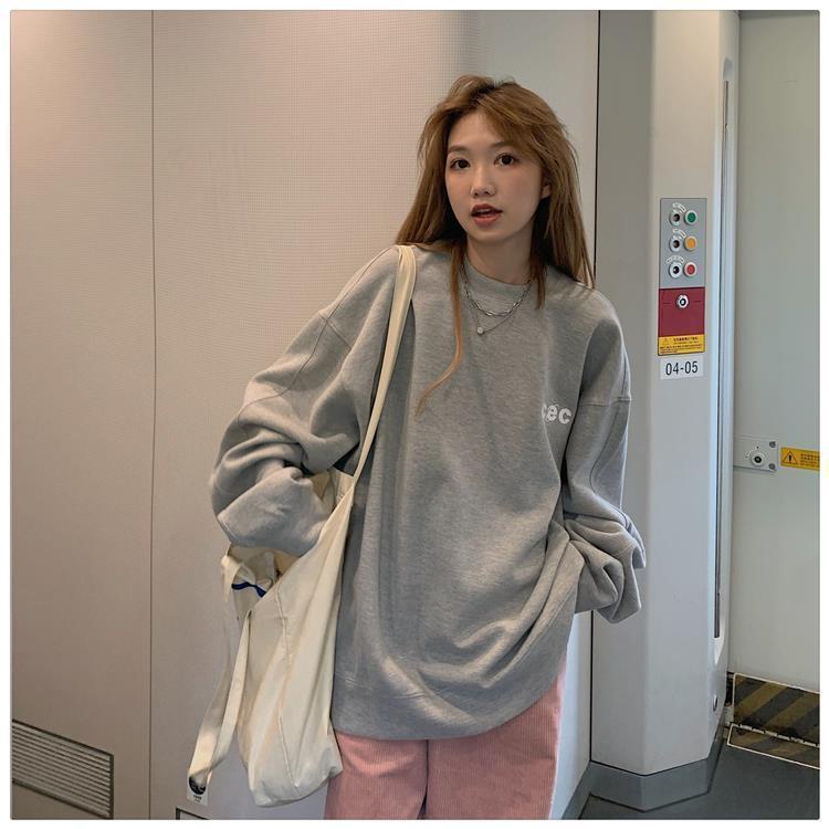 COZOK Áo sweater cổ tròn dáng rộng in chữ đơn giản phong cách Hàn Quốc thời trang