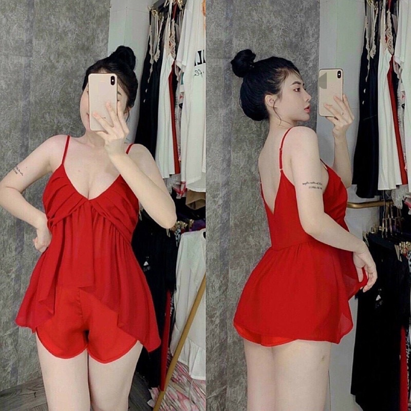 Đồ bộ ngủ sexy ao voan xếp ly quần satin cao cấp | BigBuy360 - bigbuy360.vn