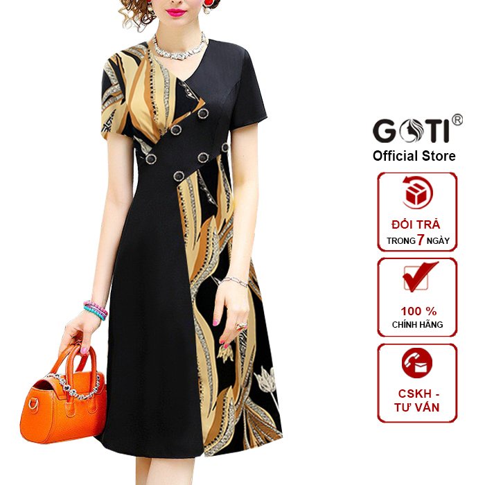 GOTI Đầm Trung Niên Sang Trọng Cao Cấp Trẻ Trung Cho Mẹ Dáng Xoè Phối Hoa 6 Nút Bigsize Thiết Kế 3337 3330 3340