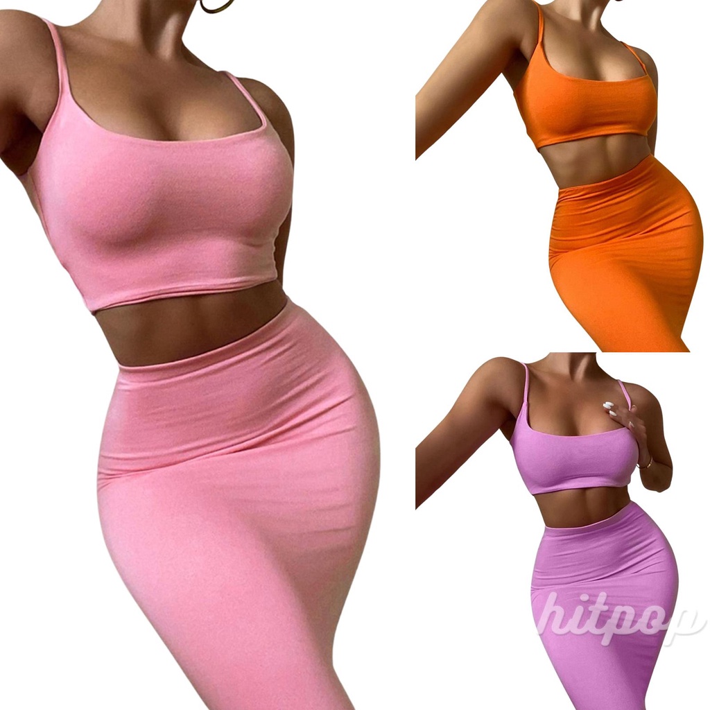 Set Áo Croptop Không Tay Màu Sắc Đơn Giản + Chân Váy Dài Màu Tím / Hồng / Cam