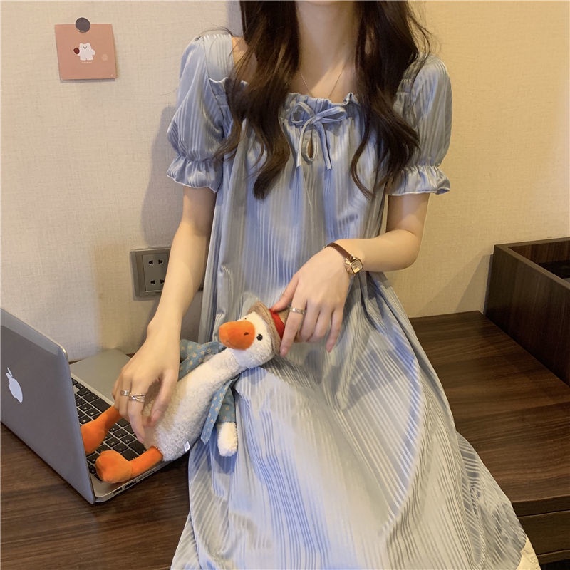 Đầm Ngủ Dài Mỏng Tay Ngắn Phối Ren Đơn Giản Ngọt Ngào Phong Cách Mới Mùa Hè Dành Cho Bạn Nữ Mặc Ở Nhà